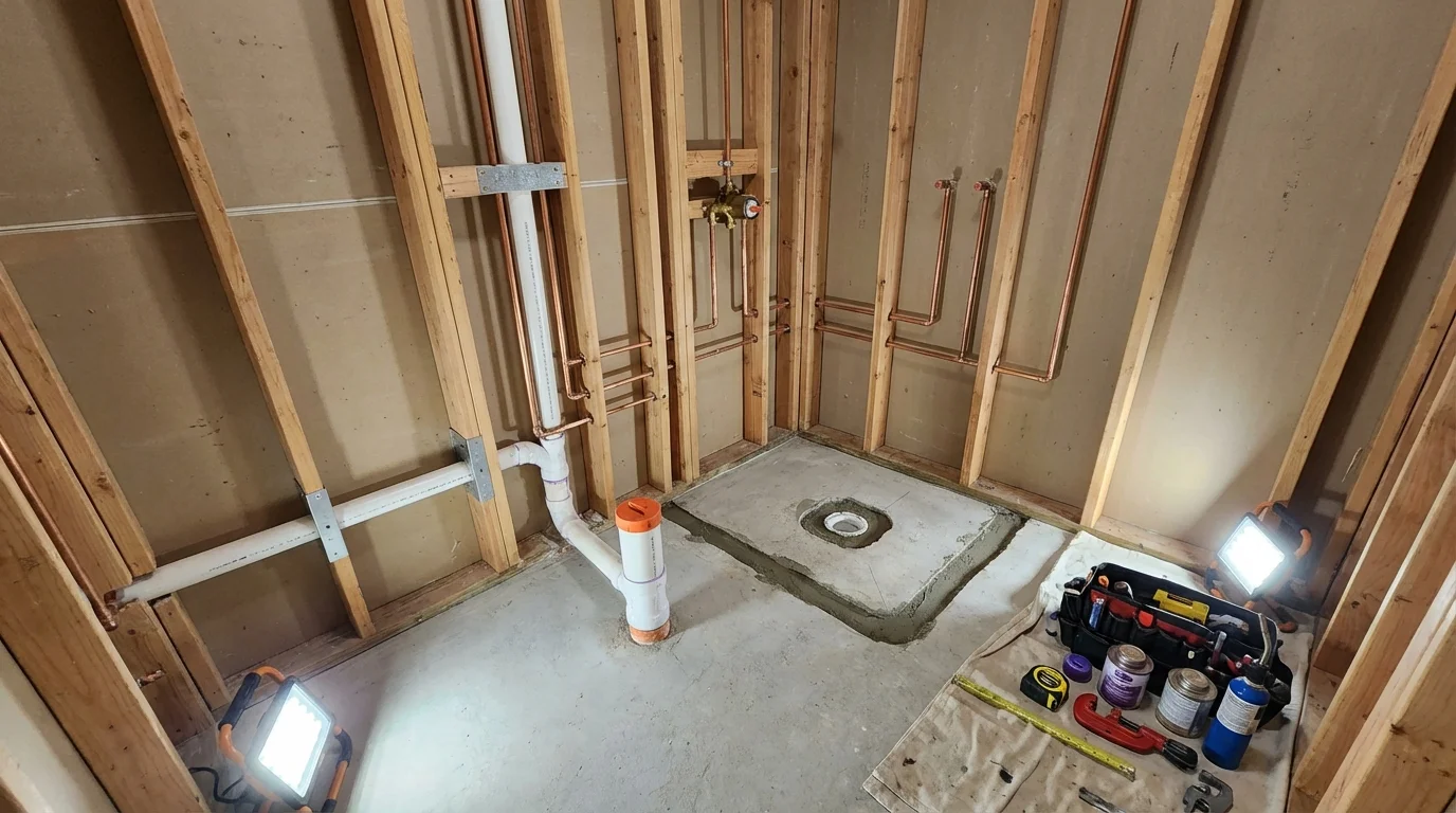 Bathroom rough-in plumbing during remodel by Johns Plumbing LLC in Waxhaw